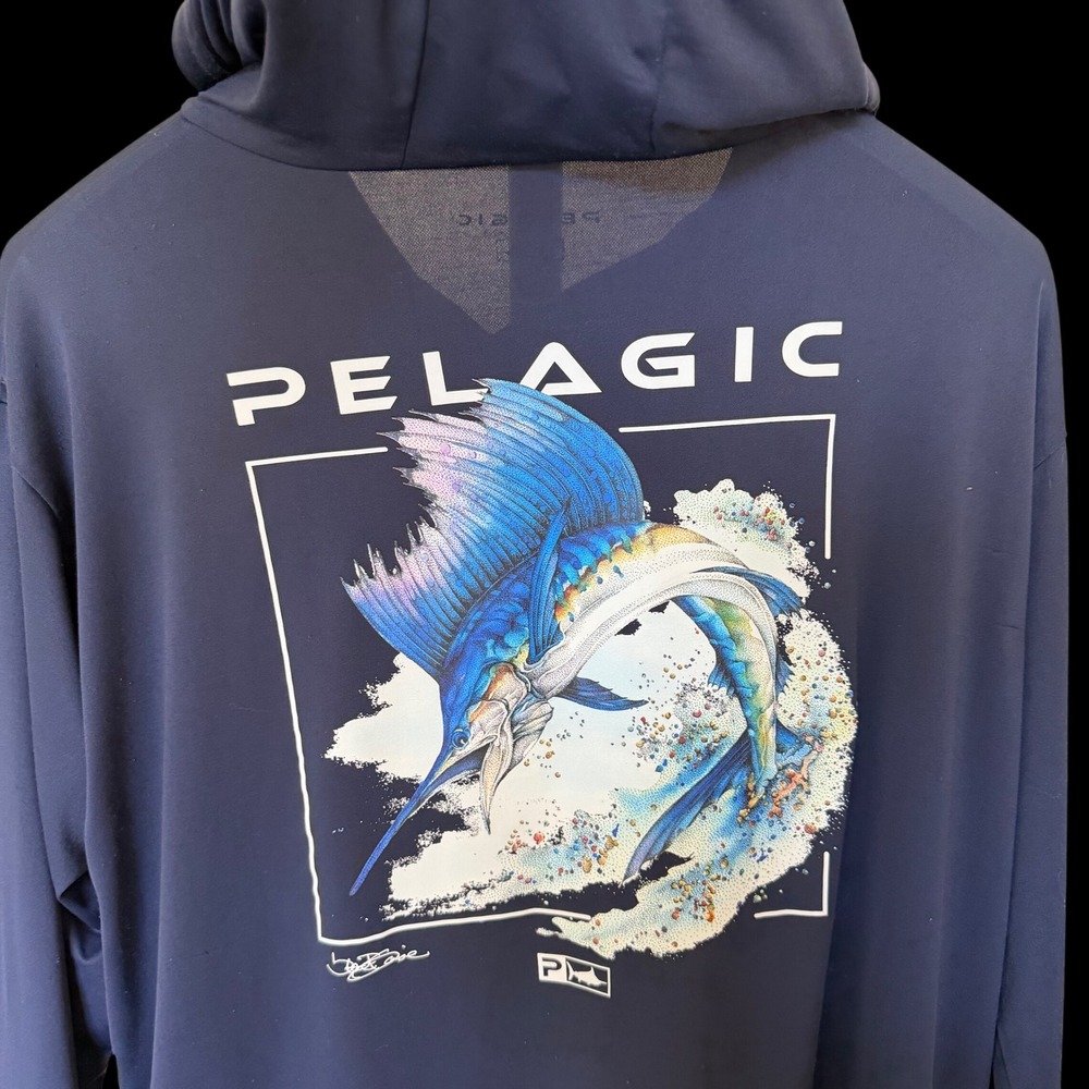 Pelagic Mens XXL Navy Blue Performance Fishing Hoodie Sailfish Graphic Sun Shirt